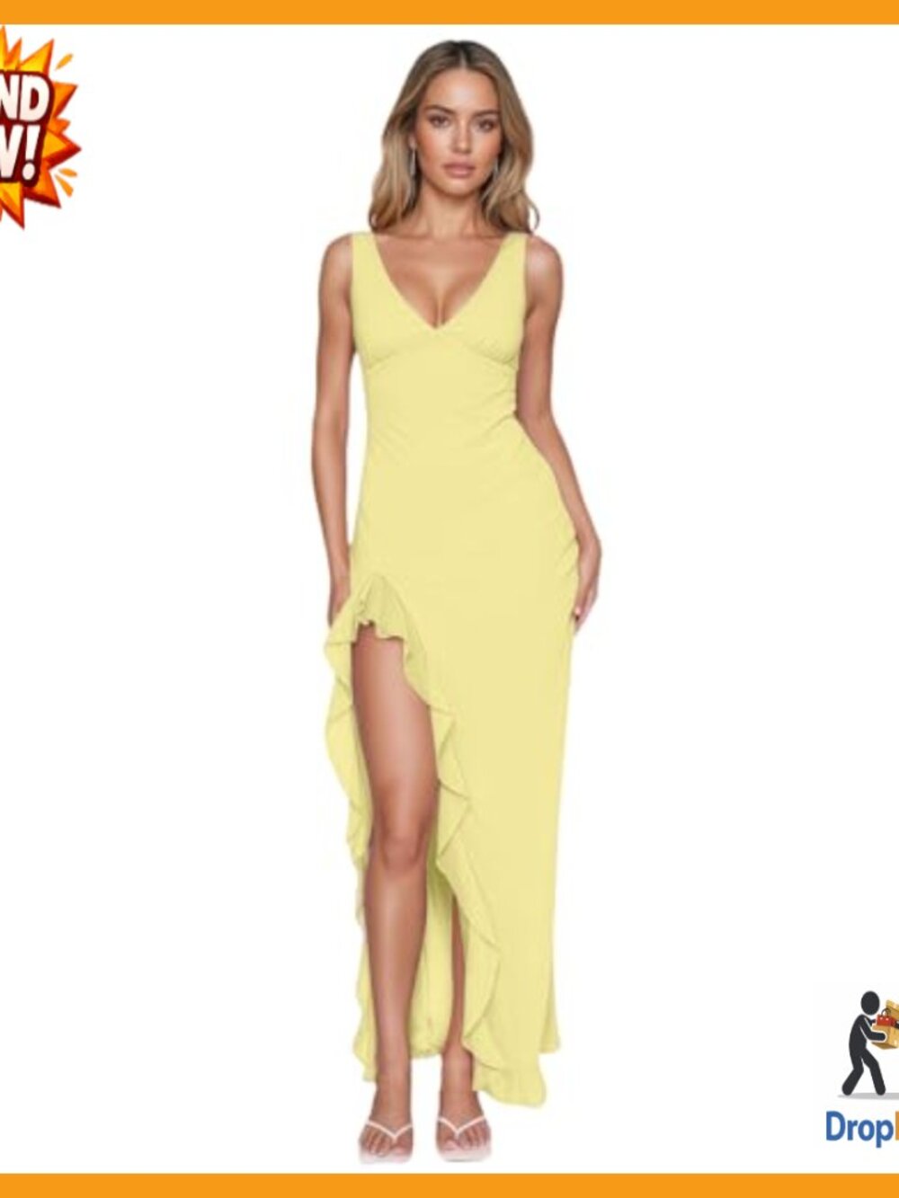 Sexy V Neck Mesh Maxi Dress Ruffle Hem High Slit Bodycon Cocktail Party - Picture 7 of 7
